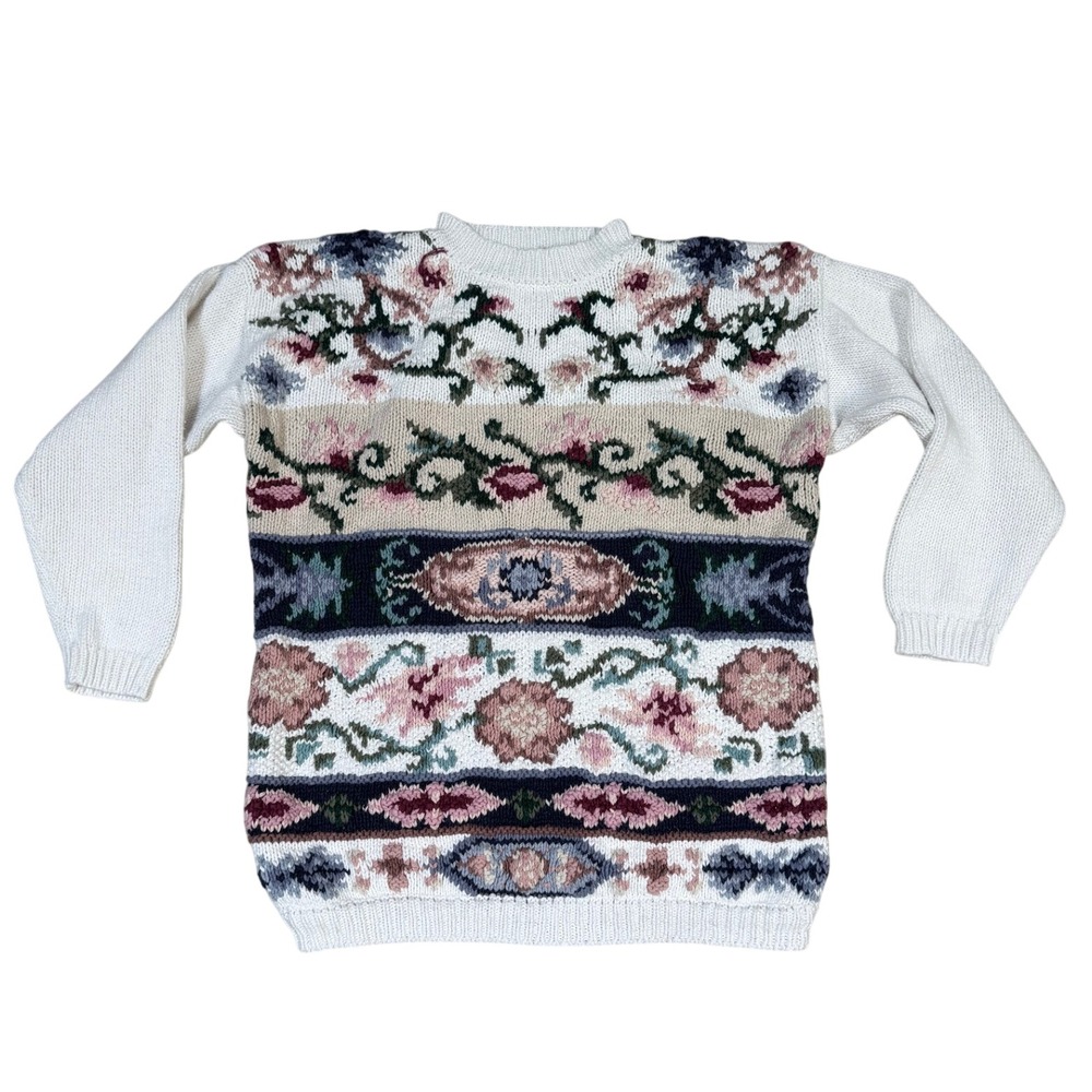Garland Knitwear Vintage 80s Floral Sweater Large White Ramie Cotton Crew Neck